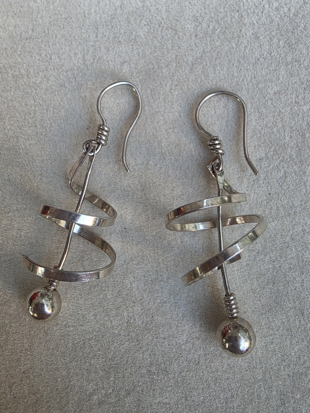 Handmade Sterling Silver Spiral Drop Earrings with Ball Accent • 4.83g